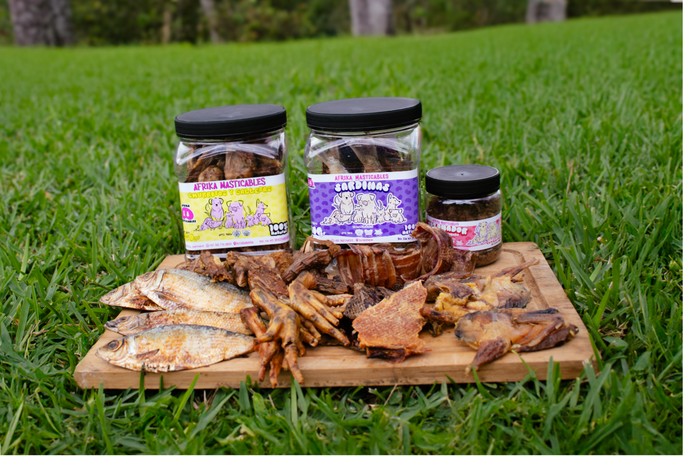 Frascos y snacks naturales Afrika sobre una tabla en el jardín
